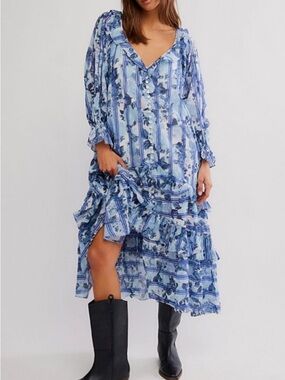 Free People Blue Floral Button-Front Maxi Dress (READ DESCRIPTION)